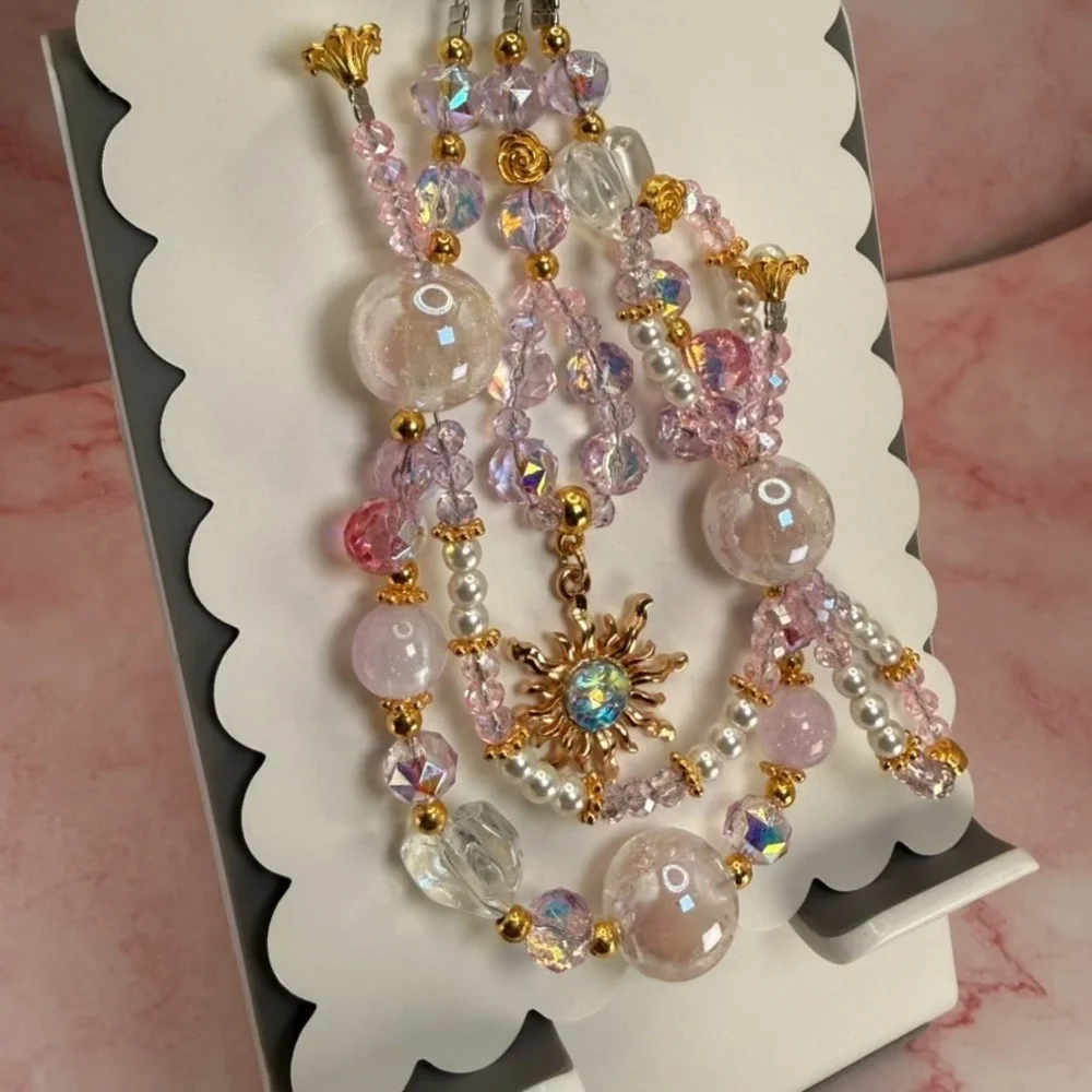 Gold Sun Phone Wristlet Crystal Pink Beaded Pearl Charm‎ Bag Keychain Handmade